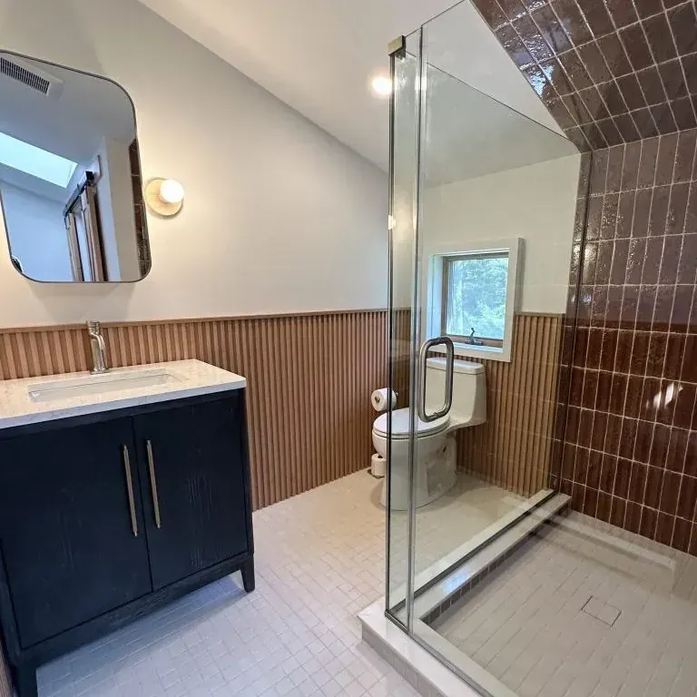 Mid-Century Bathroom Renovation — bathroom in Roscoe, NY by Timber Design + Build